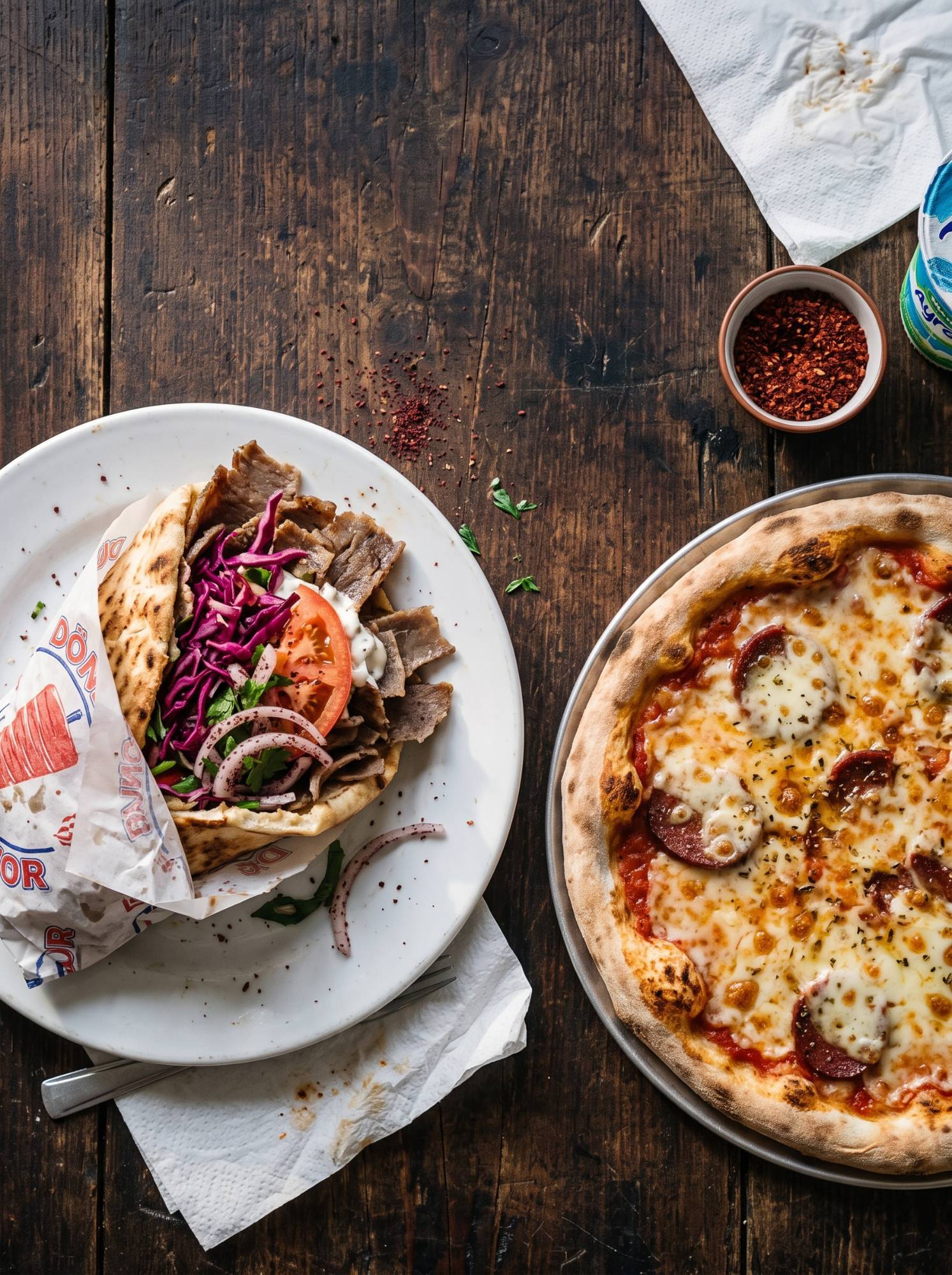 Döner im hausgemachten Fladenbrot mit Rotkraut, Tomate und Zwiebeln neben einer Steinofenpizza mit Rindersalami